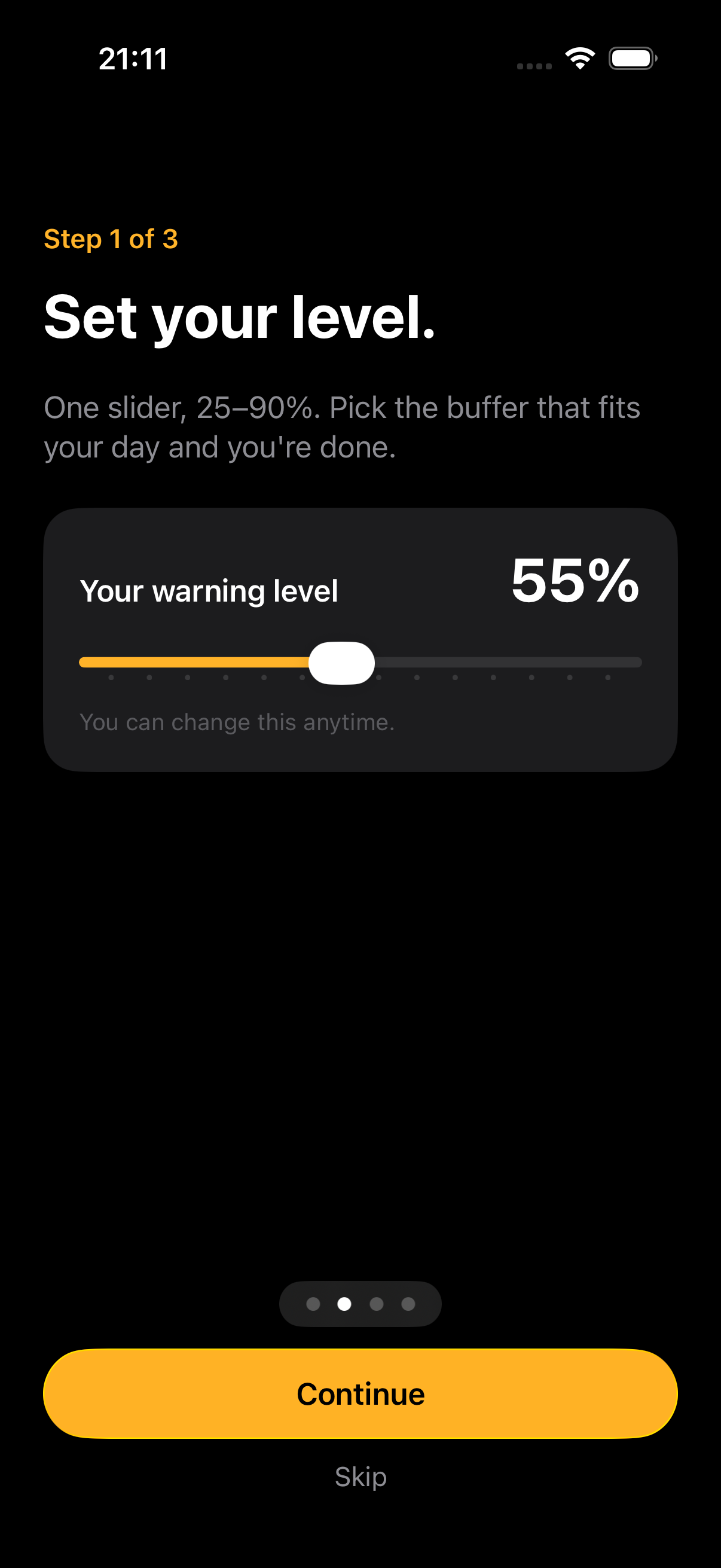 vaka iPhone app — choosing the alert level with a slider