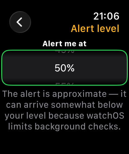 vaka Apple Watch app — the alert-level picker