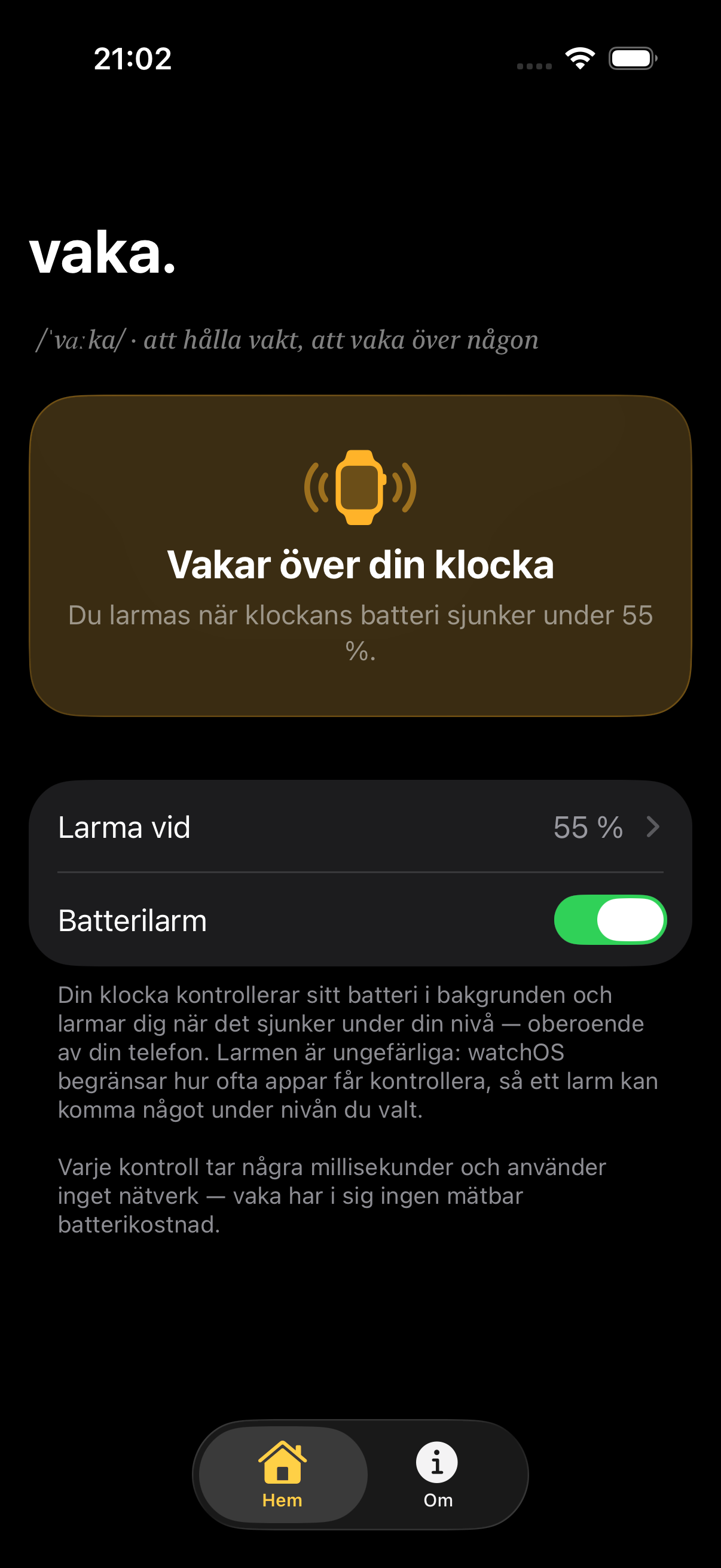 vaka iPhone-app — hemskärm som vakar över din Apple Watch