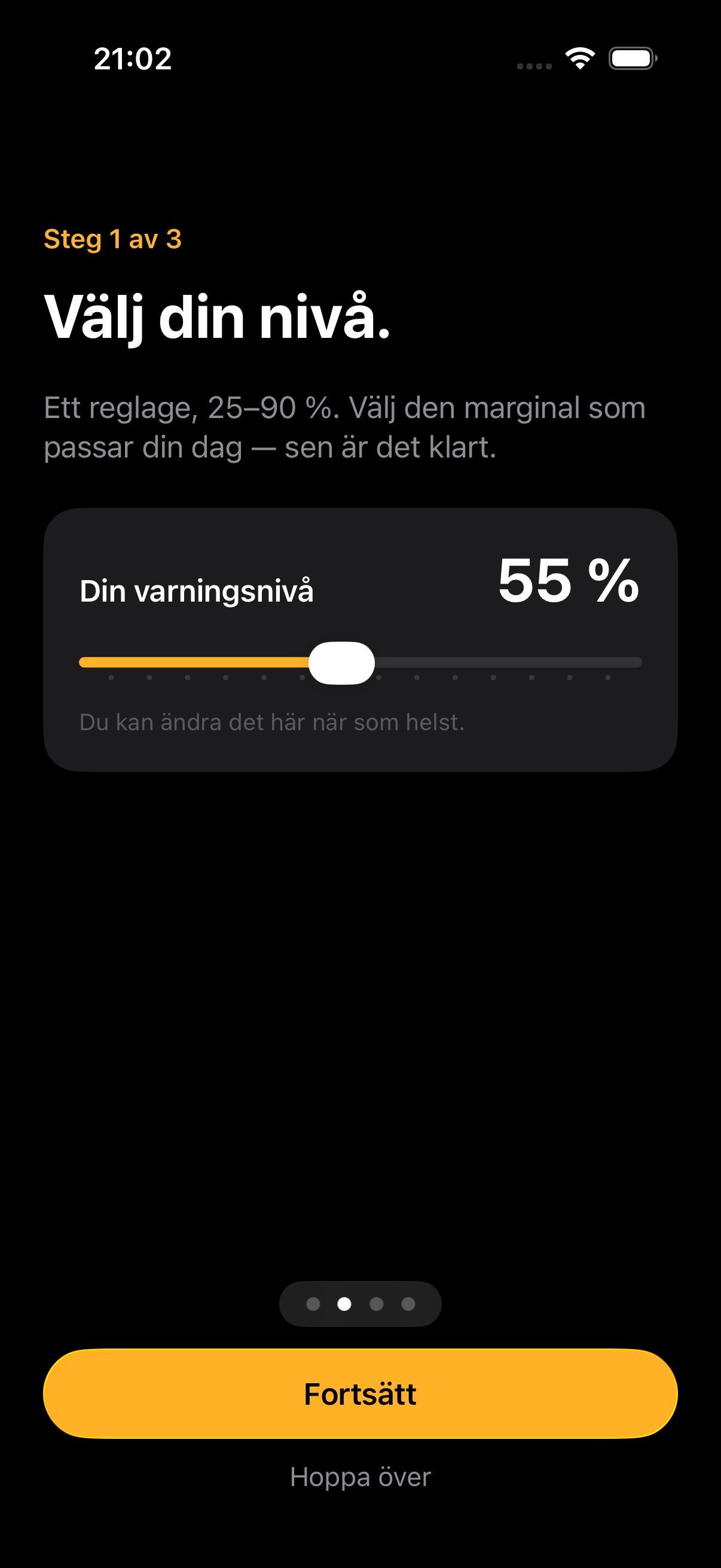 vaka iPhone-app — väljer larmnivå med ett reglage