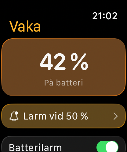 vaka Apple Watch-app — batterinivå och larmgräns med en blick