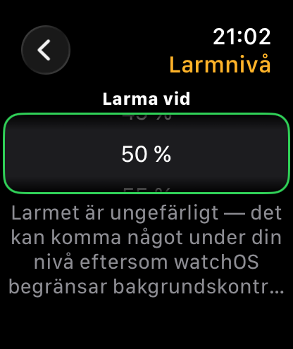 vaka Apple Watch-app — larmnivåväljaren